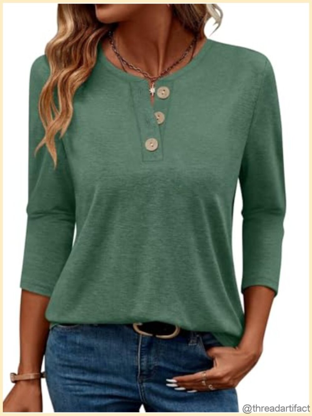 Womens 3/4 Sleeve Henley Shirt Button Down Tunic Top Casual Summer